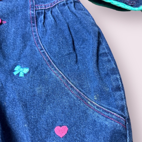 Vintage Baby All Mine Denim Blazer Overall Set Flower Fruit Pink Teal Sz 12 M - Picture 5 of 16